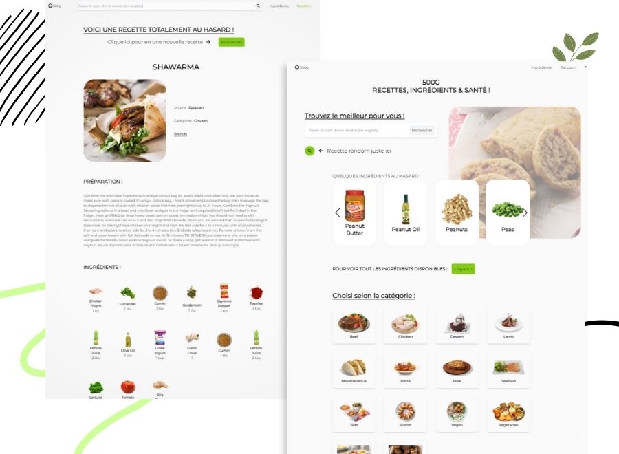 Différentes pages de l'application 500g cook